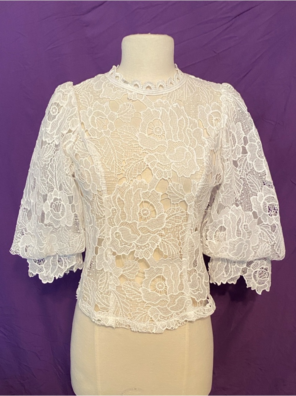 Sarah Hann for Anthropologie White Floral Lace Puff Sleeve Blouse. Size S.